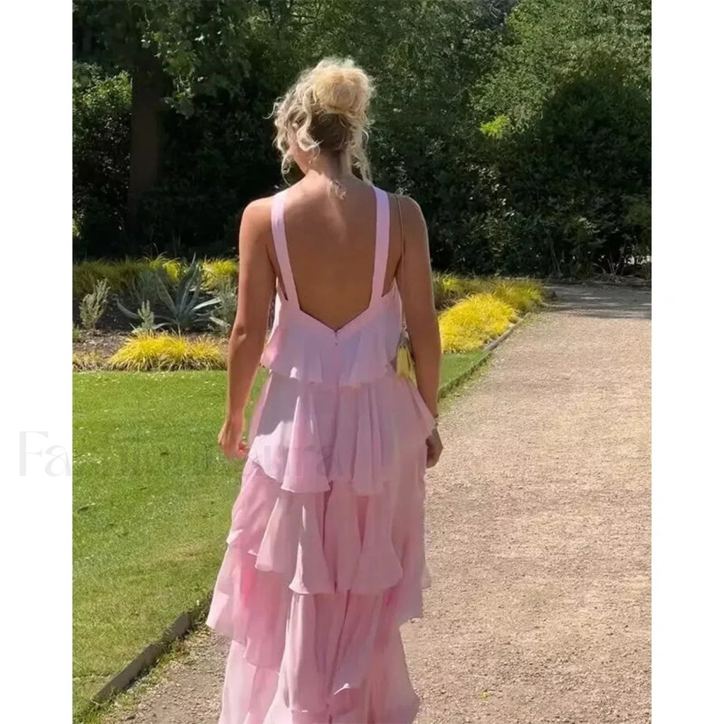 Pink Backless Layered Ruffles Floral Dress