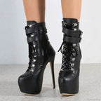 Sexy Buckle-Strap 16.5CM Extreme High-Heels Platform Boots Round-Toe Lace-Up Party Club Stripper High Heel