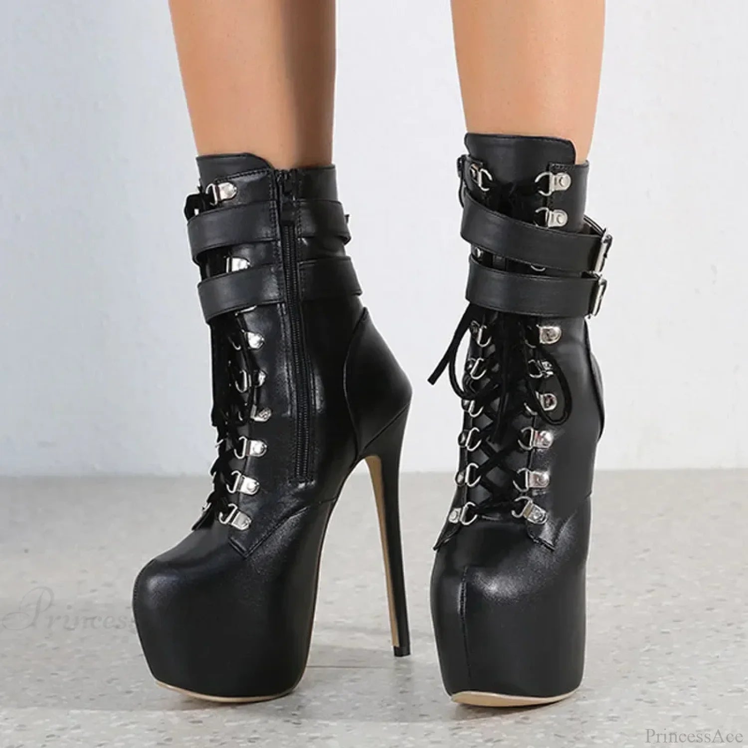Sexy Buckle-Strap 16.5CM Extreme High-Heels Platform Boots Round-Toe Lace-Up Party Club Stripper High Heel