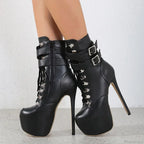 Sexy Buckle-Strap 16.5CM Extreme High-Heels Platform Boots Round-Toe Lace-Up Party Club Stripper High Heel
