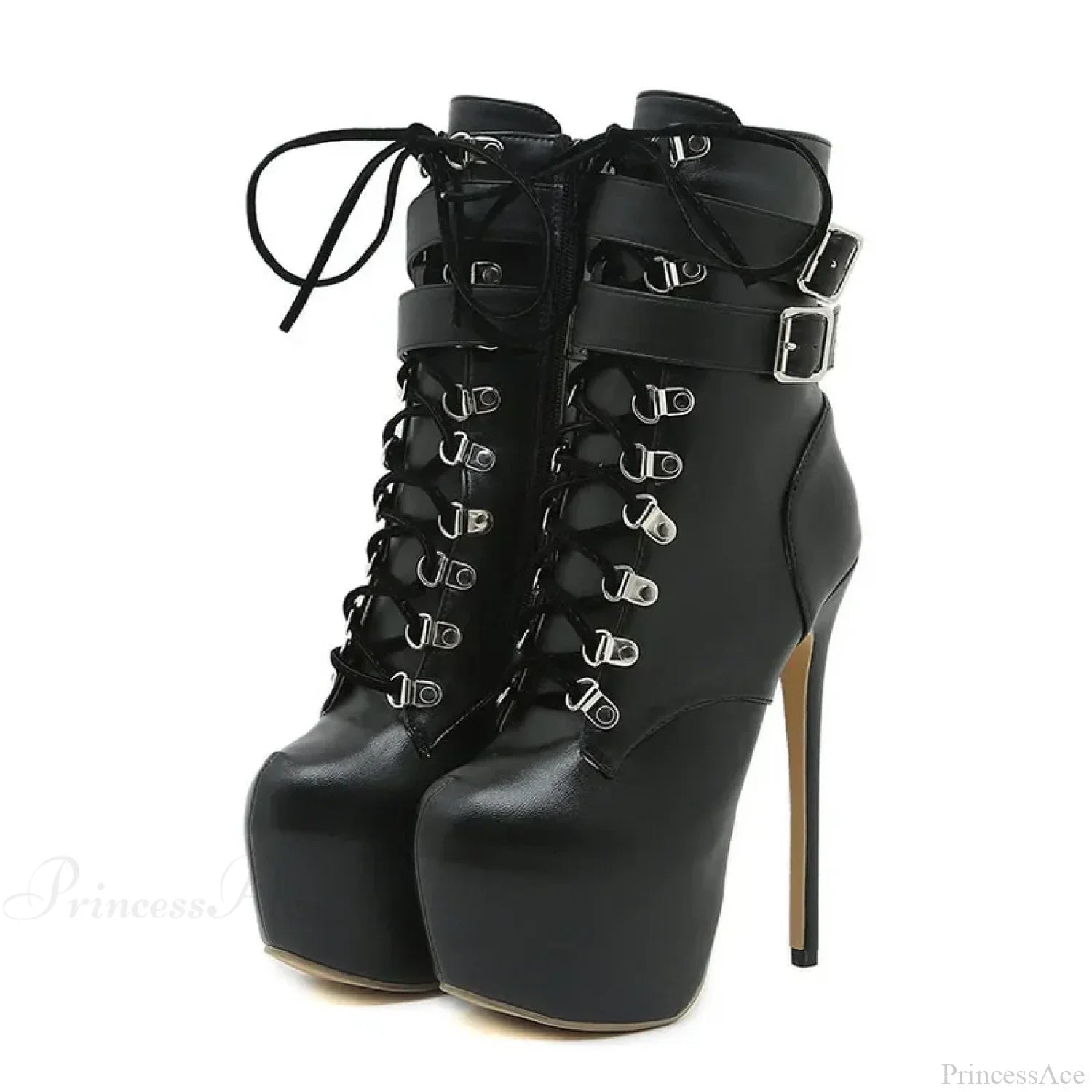 Sexy Buckle-Strap 16.5CM Extreme High-Heels Platform Boots Round-Toe Lace-Up Party Club Stripper High Heel