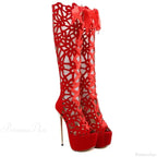 Sexy Club Hollow Out Flock Leather Over The Knee Boots Peep Toe Back Zip 16CM Thin High Heels Sandals High Heel