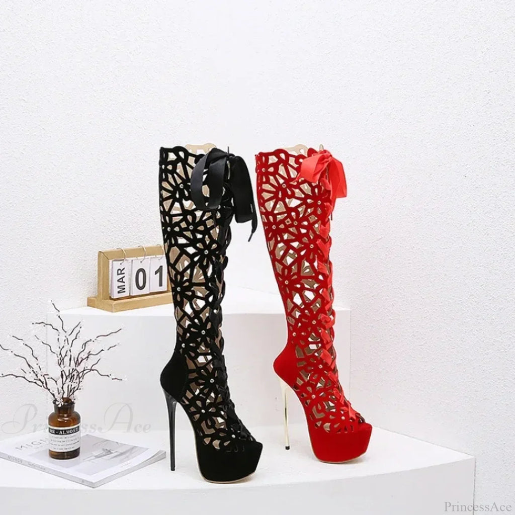 Sexy Club Hollow Out Flock Leather Over The Knee Boots Peep Toe Back Zip 16CM Thin High Heels Sandals High Heel