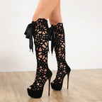 Sexy Club Hollow Out Flock Leather Over The Knee Boots Peep Toe Back Zip 16CM Thin High Heels Sandals High Heel