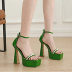 Sexy Crystal Platform Sandals Square Head Open ToeBuckle Strap Cover Heel Super High Heels Wedding High Heel