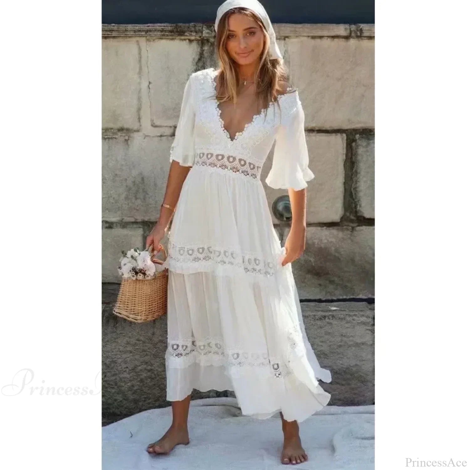 Sexy Deep V-neck Backless Cotton Lace Dress