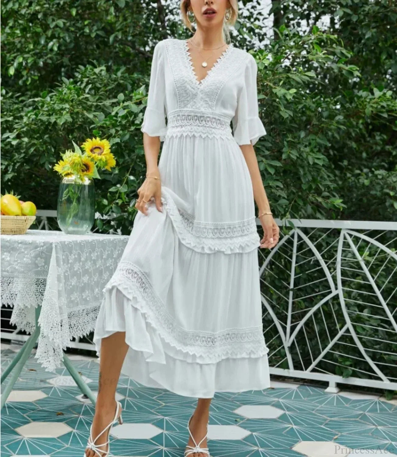 Sexy Deep V-neck Backless Cotton Lace Dress