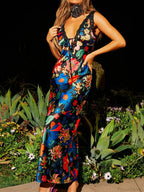 Sexy Deep V-neck Lace Patchwork Slip Floral Dress