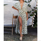 Sexy Deep V-neck Maxi Dress Vintage Floral Print Side Split Boho Dress