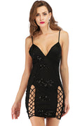 Deep V Sleeveless Lace Up Sequin Lace Fitted Club Mini Dress - Black