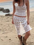 Sexy Floral Lace Strap Tank Camis Crop Top with See-through Long Skirt Set