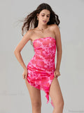 Sexy Floral Print Bandeau Asymmetrical Floral Dress