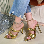 Sexy Golded Pointed-Toe Pu-Leather Slippers Summer Party Banquet Ladies High Heel