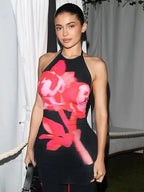 Sexy Halter Backless Flower Print Bodycon Floral Dress