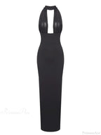 Sexy Halter Backless Mesh Patchwork Black Sleeveless Bodycon Christmas Party Dress