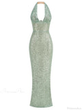 Sexy Halter Deep V Neck Sequins Green Sleeveless Backless Celebrity Christmas Party Dress