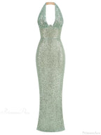 Sexy Halter Deep V Neck Sequins Green Sleeveless Backless Celebrity Christmas Party Dress