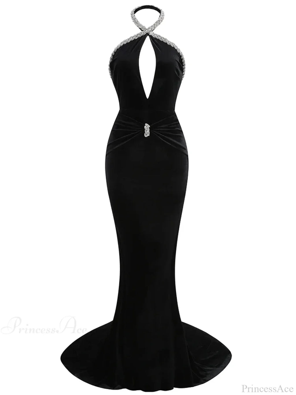 Sexy Halter Neck Diamonds Chain Hollow Out Black Velvet Sleeveless Christmas Party Dress