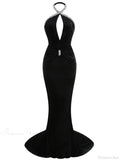 Sexy Halter Neck Diamonds Chain Hollow Out Black Velvet Sleeveless Christmas Party Dress
