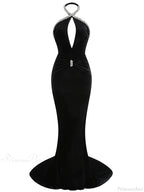 Sexy Halter Neck Diamonds Chain Hollow Out Black Velvet Sleeveless Christmas Party Dress