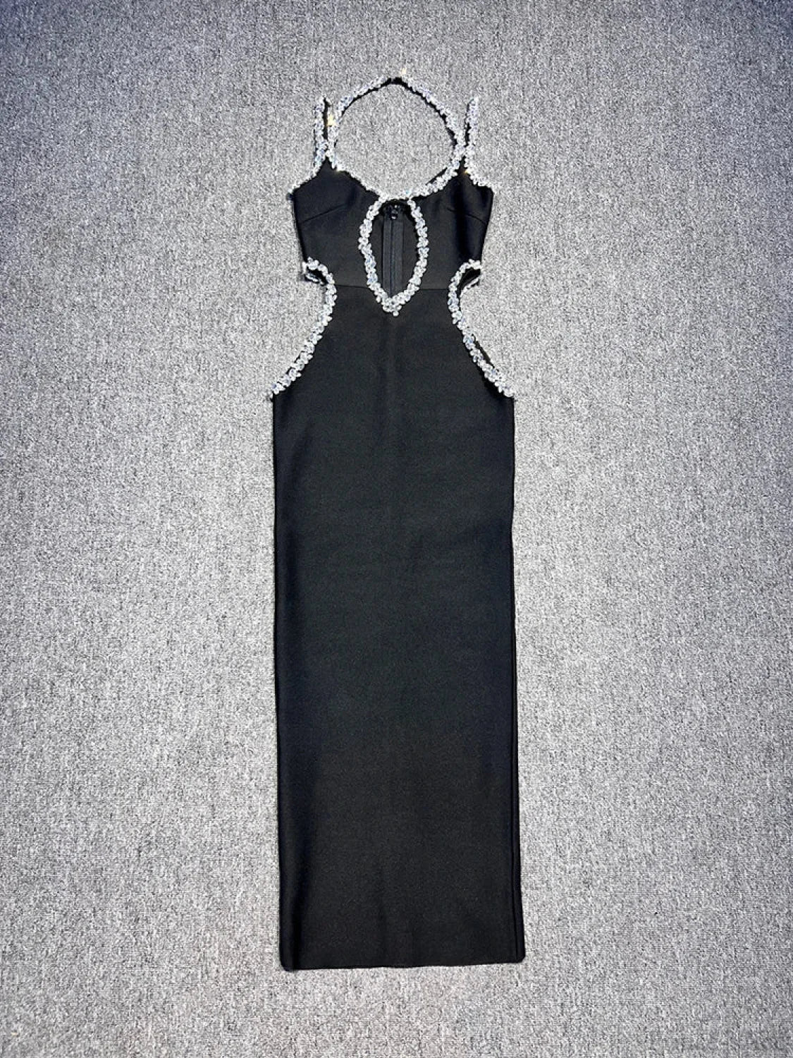 Sexy Halter Neck Sling Hollow Out Crystal Bandage Dress Long Christmas Party Dress