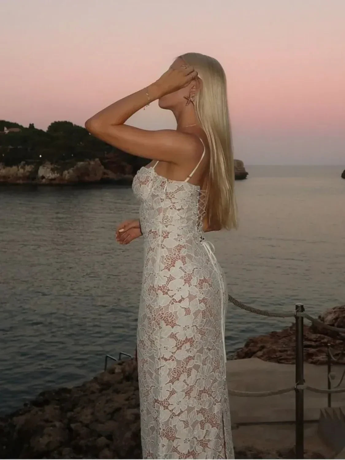 White Lace Splicing Floral Dress
