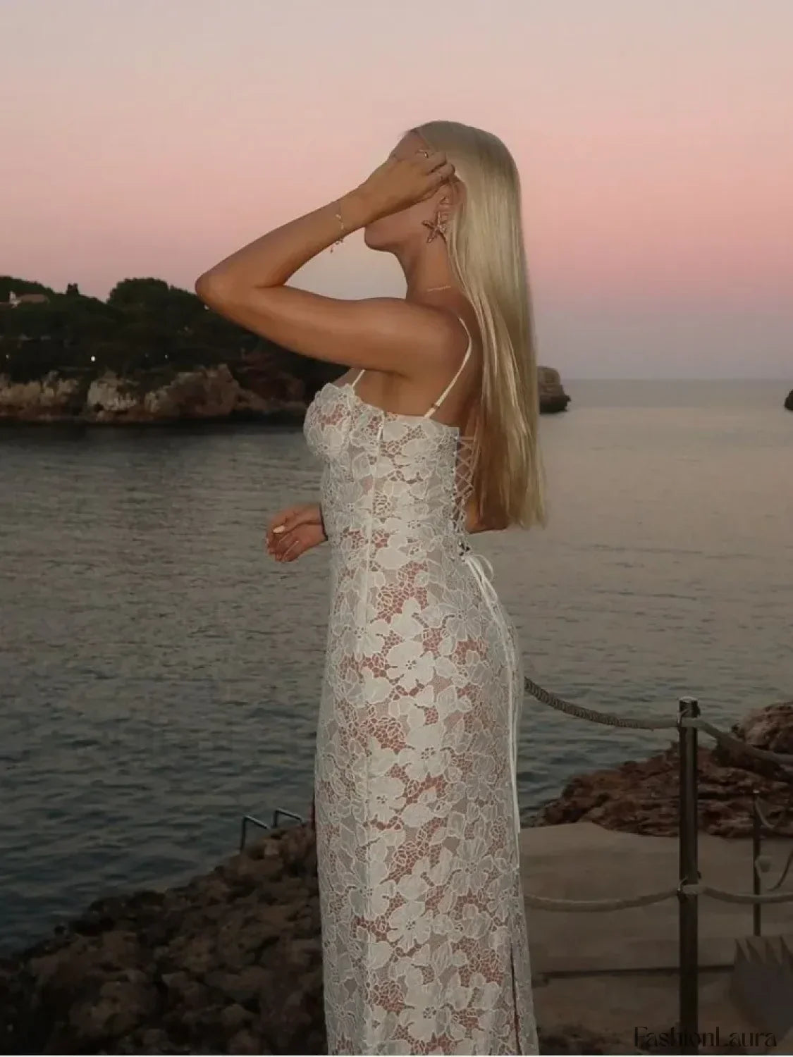 White Lace Splicing Floral Dress