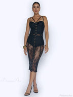 Sexy Lace Two-Piece Black Sleeveless Hook-Front See Through Evening Christmas Party Dress