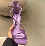 Sexy Luxury Satin Designer Party Dress Square Head Gladiator Slingback Pumps Female High Heel