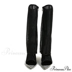 Sexy Metal Pointed Toe Black Mesh Knee High Boots Sandals Women Zip Fashion Rhinestone High Heels Shoes Botas Mujer