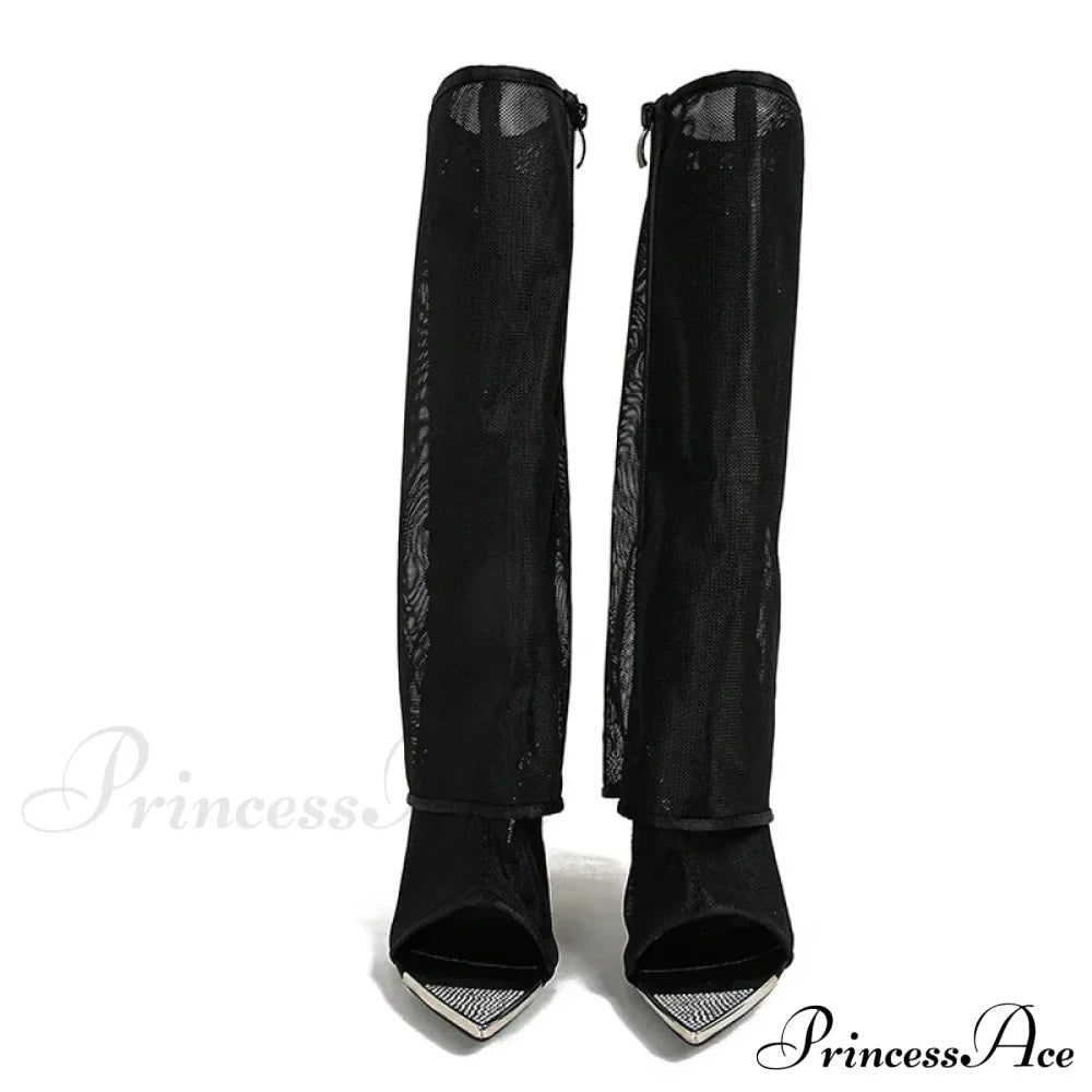 Sexy Metal Pointed Toe Black Mesh Knee High Boots Sandals Women Zip Fashion Rhinestone High Heels Shoes Botas Mujer