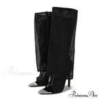 Sexy Metal Pointed Toe Black Mesh Knee High Boots Sandals Women Zip Fashion Rhinestone High Heels Shoes Botas Mujer