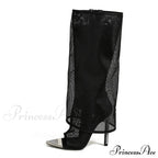 Sexy Metal Pointed Toe Black Mesh Knee High Boots Sandals Women Zip Fashion Rhinestone High Heels Shoes Botas Mujer