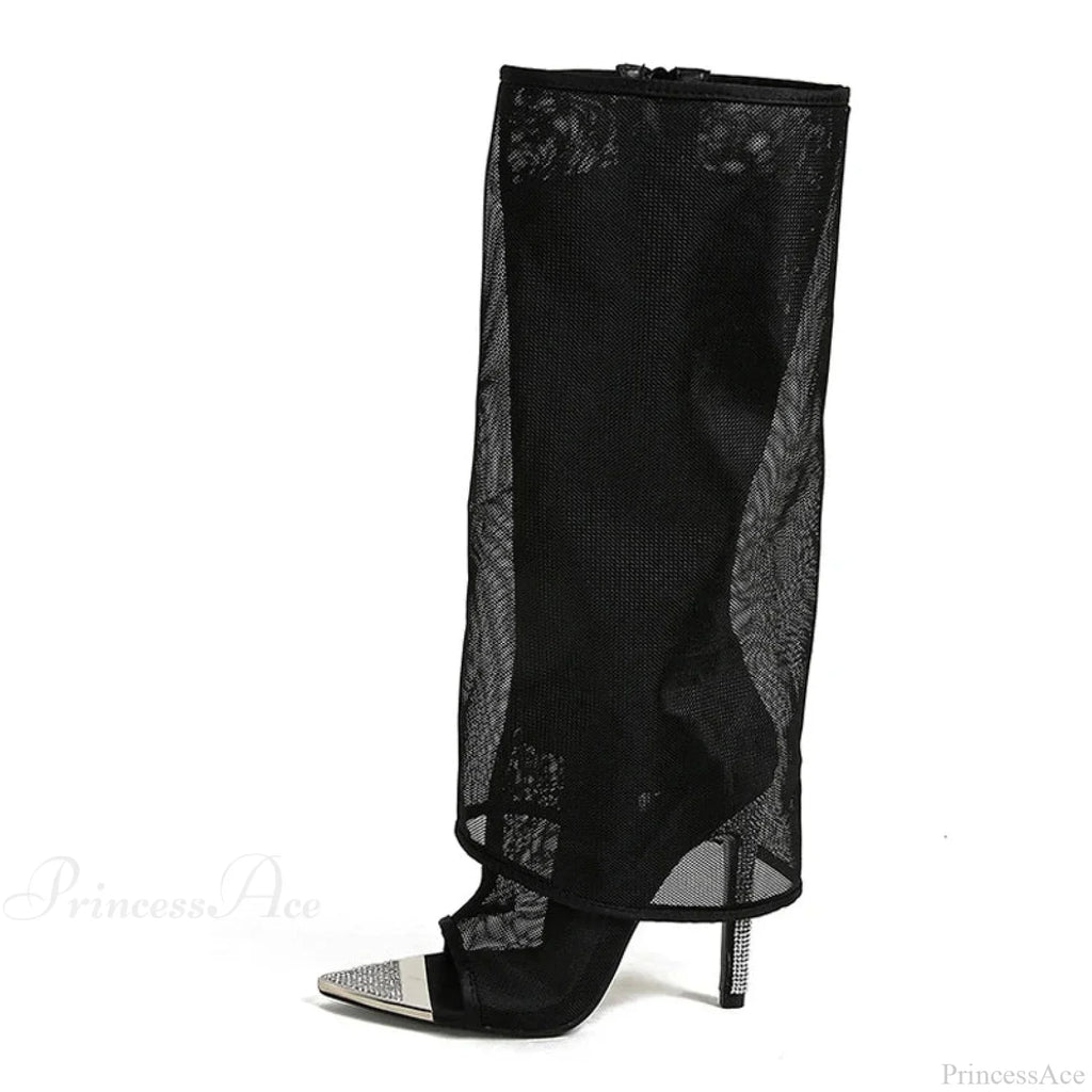 Sexy Metal Pointed-Toe Black Mesh Knee-High Boots Sandals ZipFashion Rhinestone High Heels High Heel