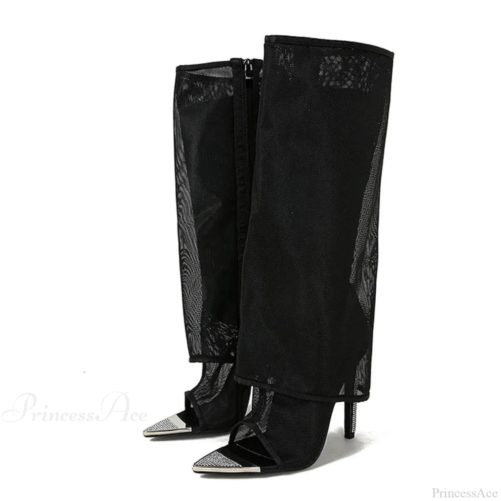 Sexy Metal Pointed-Toe Black Mesh Knee-High Boots Sandals ZipFashion Rhinestone High Heels High Heel