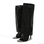 Sexy Metal Pointed-Toe Black Mesh Knee-High Boots Sandals ZipFashion Rhinestone High Heels High Heel