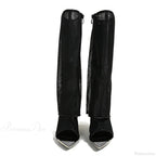 Sexy Metal Pointed-Toe Black Mesh Knee-High Boots Sandals ZipFashion Rhinestone High Heels High Heel