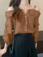 Sexy Off Shoulder Pleated Solid Blouse