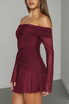 Sexy Off Shoulder Ruched Ruffle Long Sleeve Mini Dress
