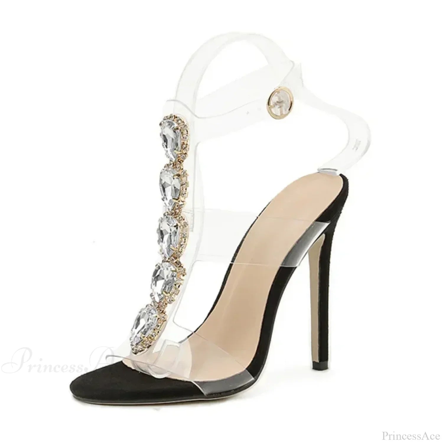 Sexy One-Band Buckle Transparent Pvc Rhinestone Sandals Heart-shaped CrystalBuckle Strap Slim High Heel