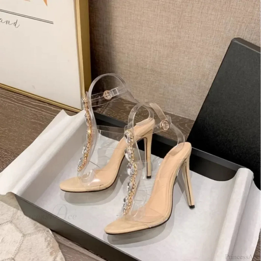 Sexy One-Band Buckle Transparent Pvc Rhinestone Sandals Heart-shaped CrystalBuckle Strap Slim High Heel