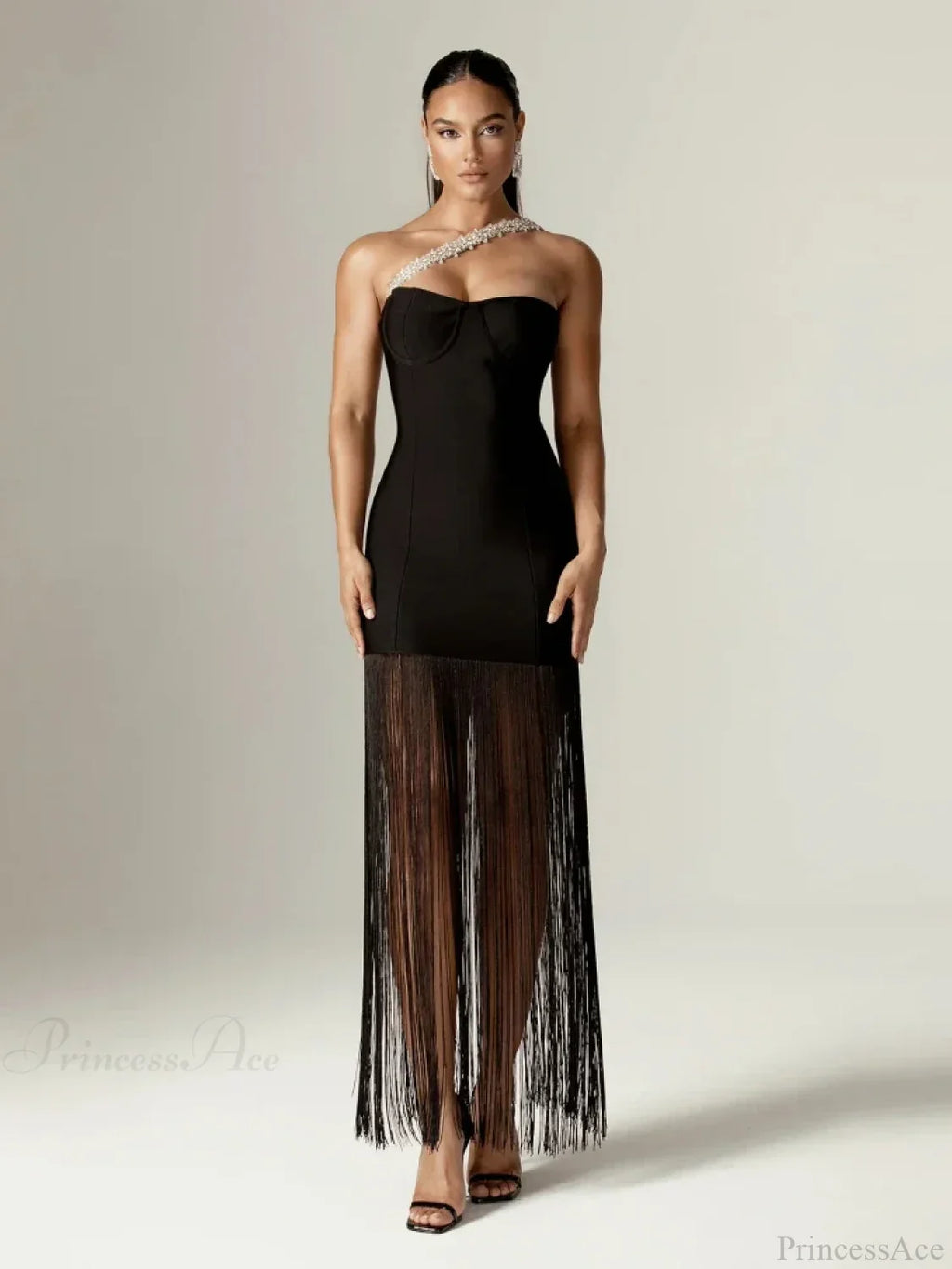 Sexy One Shoulder Diamonds Strap Tassel Bandage Dress Shiny Rhinestone Christmas Party Dress