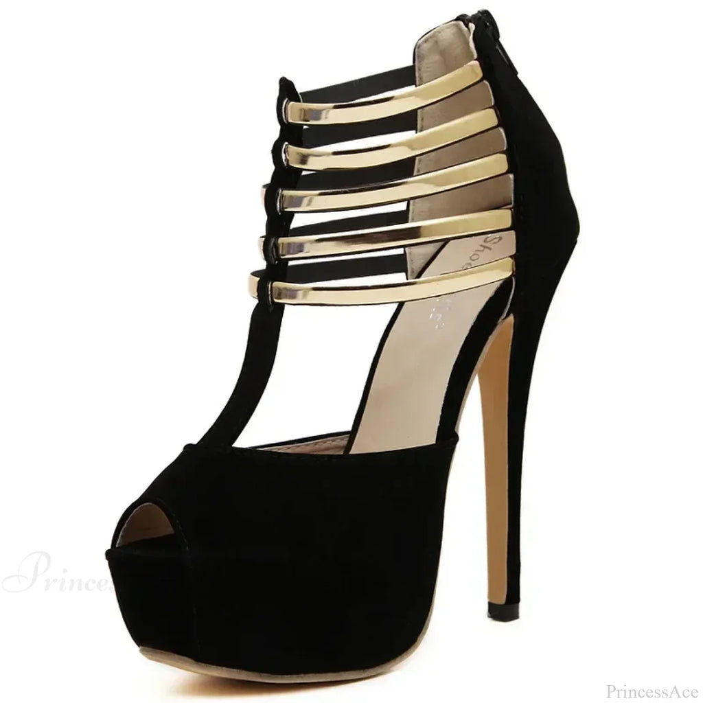 Sexy Open Toe Platform Narrow Band Hollow Stilettos Rear Zipper Pumps 16CM Thin High Heel