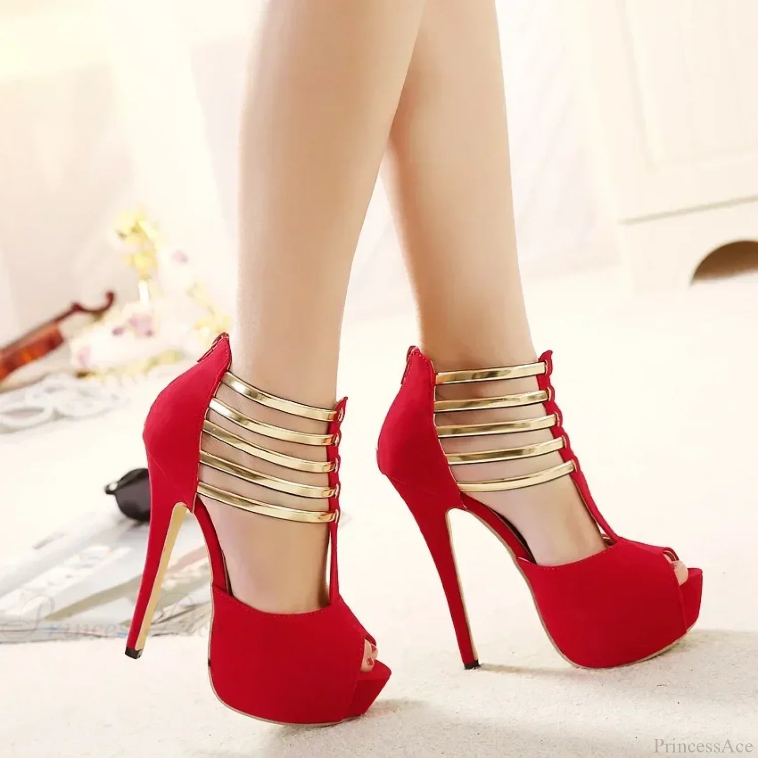 Sexy Open Toe Platform Narrow Band Hollow Stilettos Rear Zipper Pumps 16CM Thin High Heel