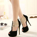 Sexy Open Toe Platform Narrow Band Hollow Stilettos Rear Zipper Pumps 16CM Thin High Heel
