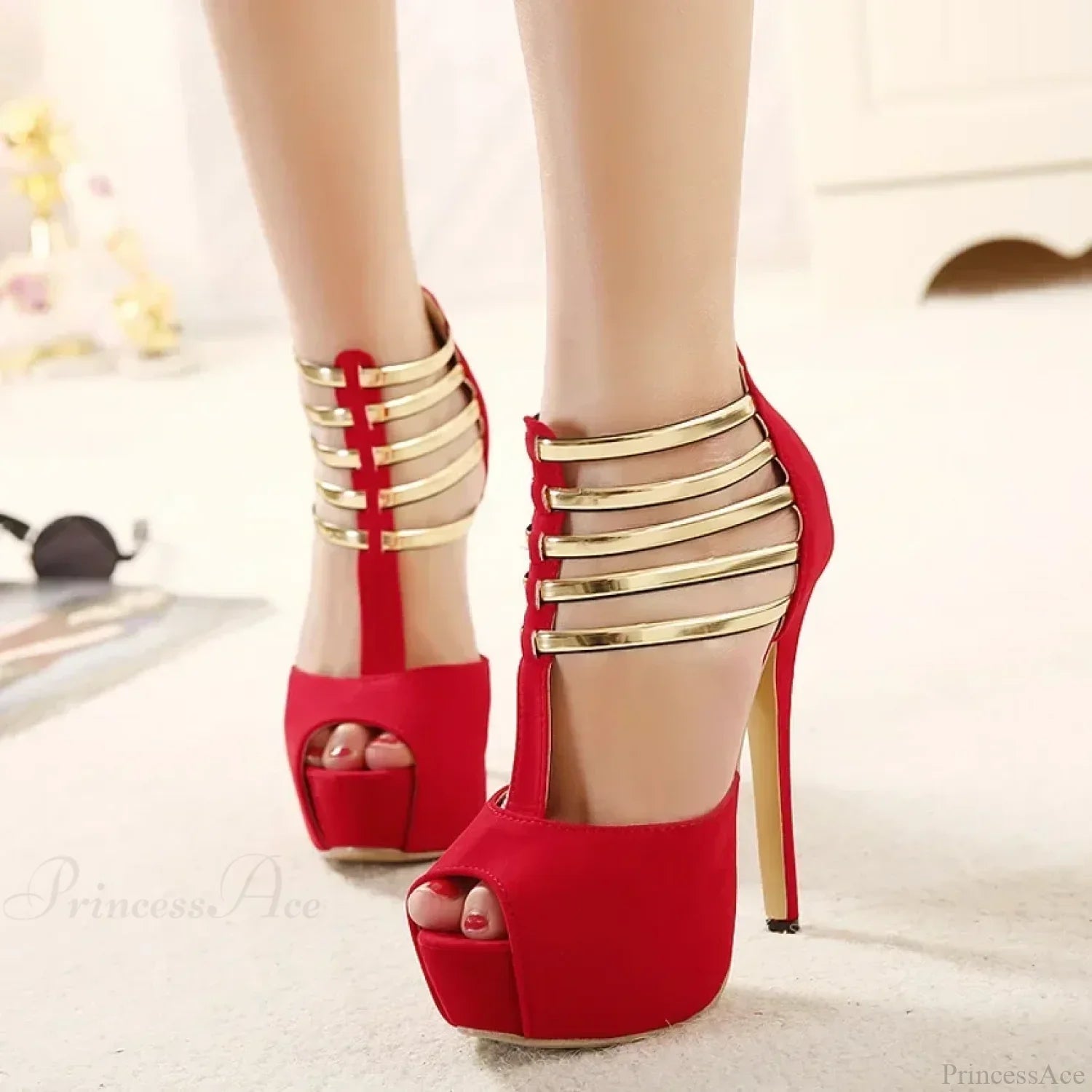 Sexy Open Toe Platform Narrow Band Hollow Stilettos Rear Zipper Pumps 16CM Thin High Heel
