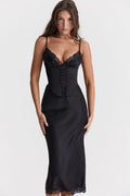 Party Lace Up Belt V Neck Lace Satin Slip Midi Dress - Black