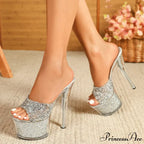 Sexy Peep Toe Party Club Strip Pole Dance Shoes Extreme High Heels 17CM Women Slipper Sequined Transparent Platform Sandal