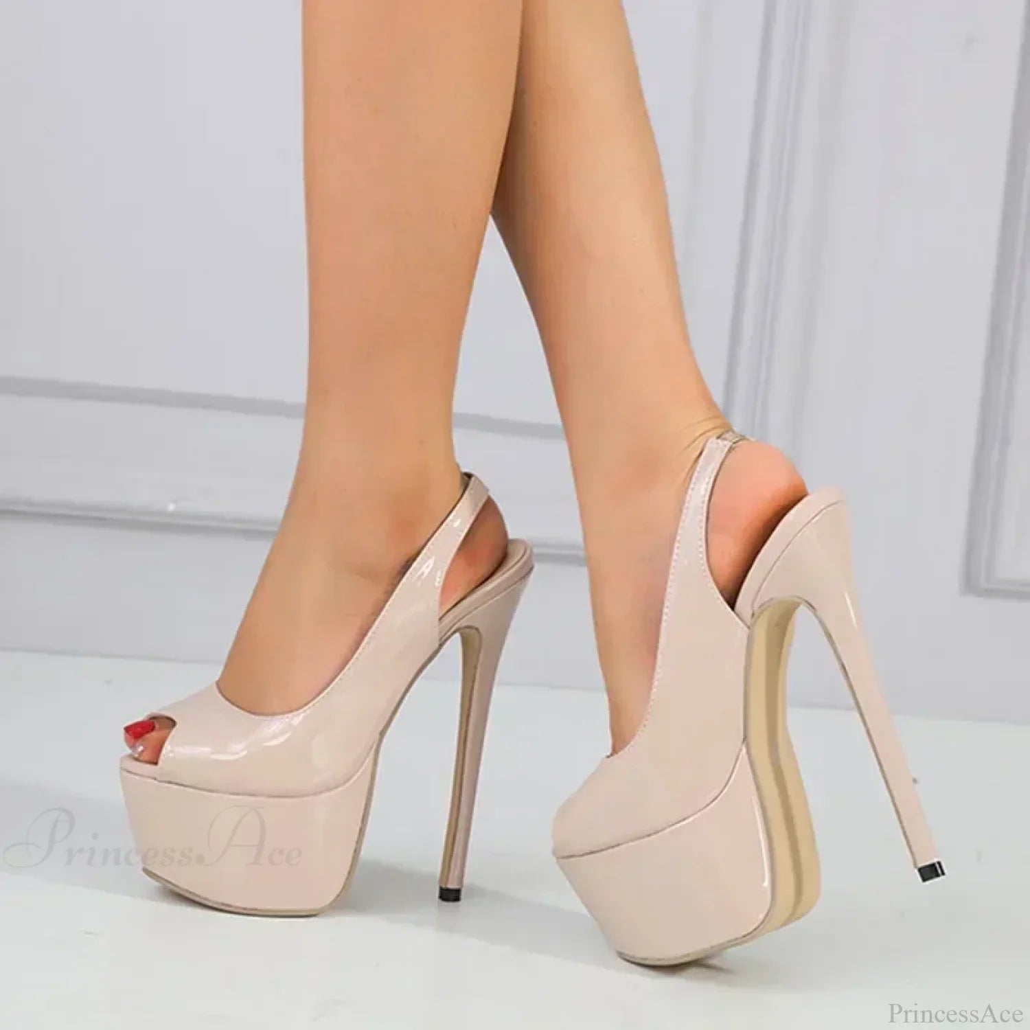 Sexy Peep Toe Patent Leather Model Catwalk Extreme High Heels Platform Slip-on Back Strap Pumps High Heel