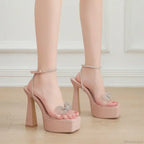 Sexy Peep Toe Platform Square HeadBuckle Strap Rhinestone Butterfly-knot 16CM High Heels Summer Lady High Heel